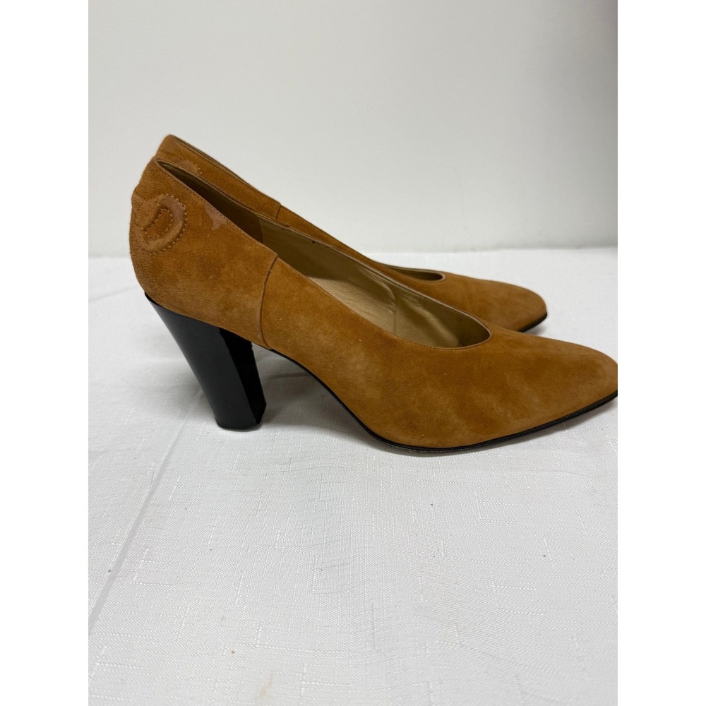 Gucci Brown Cognac Suede Pumps Heels Interlocking GG Logo 38.5 Authentic COA